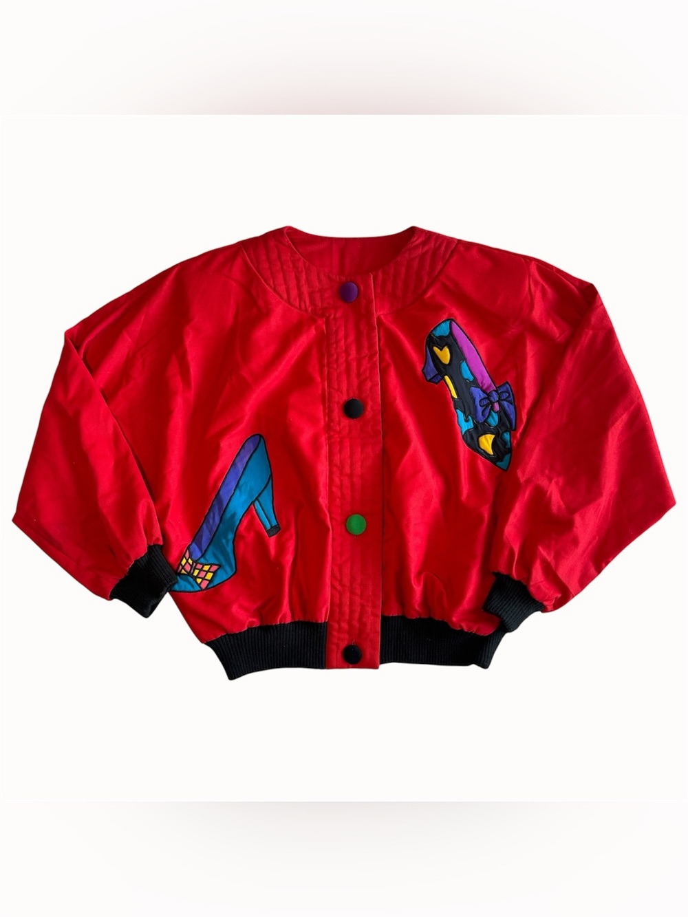 SilkScapes Vintage Womens Hand Painted Silk Bomber Jacket Colorful Shoe Art NWT